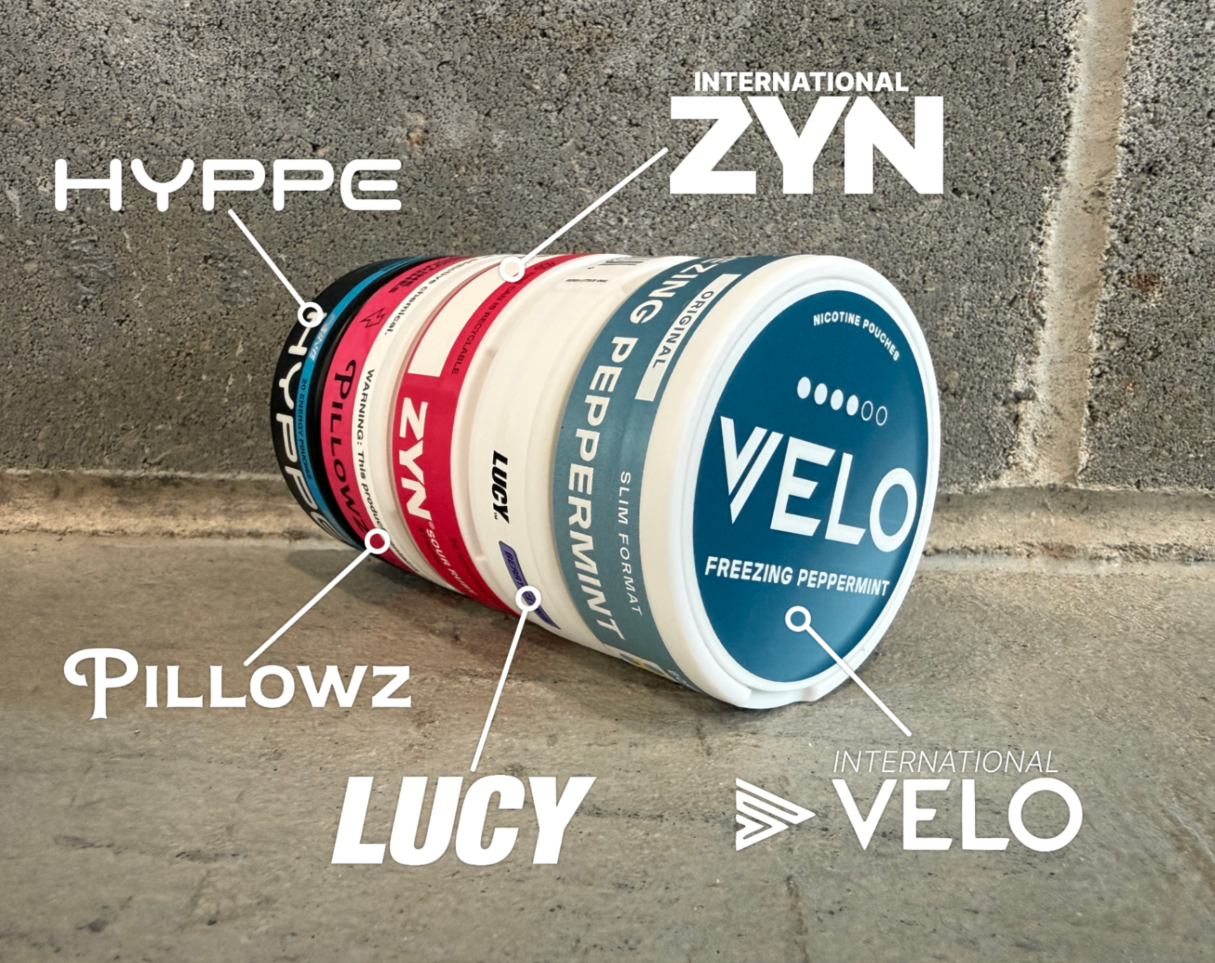 A mixed log of five different pouch brands and flavors lined up on concrete